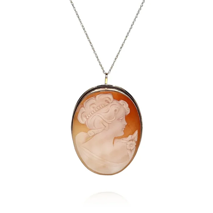 Estate 14k Yellow Gold Right-Facing Woman Carved Shell Cameo Pin & Pendant *No Chain*