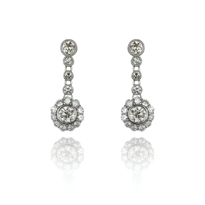 Estate 18 Karat White Gold Milgrain Dangle Diamond Earrings