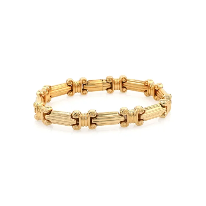 Estate 18 Karat Yellow Gold Alternating Ribbed Bar and Scroll Square Design Bracelet With Hidden Box Clasp