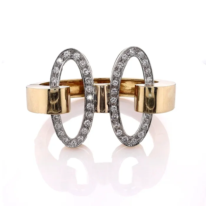 Estate 18k Two-Tone Diamond Large Oval Design Hinged Bangle Bracelet