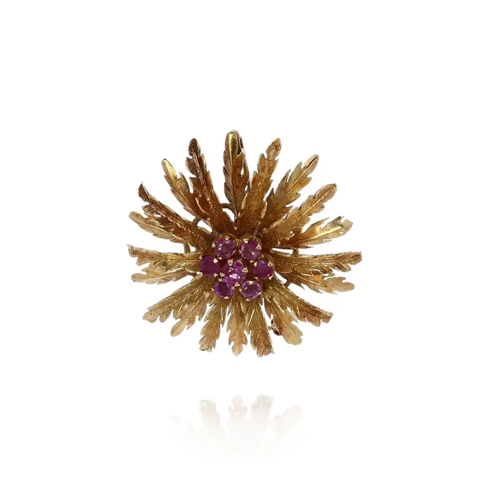Estate 18k Yellow Gold Flower Spray Pink Sapphire Brooch
