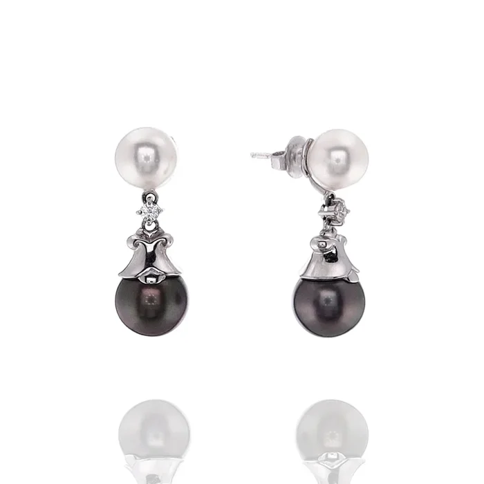 Estate Mikimoto 18k White Gold Cultured and Grey Tahitian Pearl Diamond Earrings