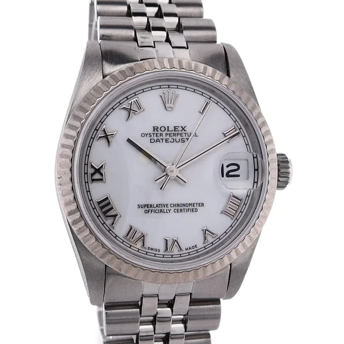Estate Rolex Stainless Steel and 18 Karat White Gold White Roman Dial 68274 C.1984