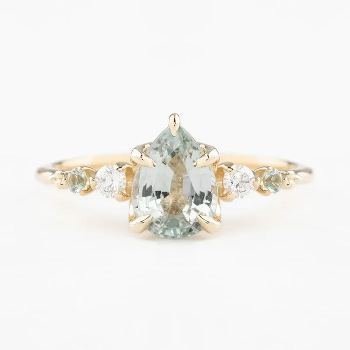 Estel Fleur Ring, 1.47ct Light Green Madagascar Sapphire, 14K Yellow Gold (One of a kind)