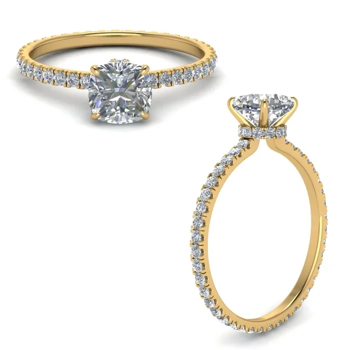 Eternity Cushion Cut Hidden Halo Engagement Ring