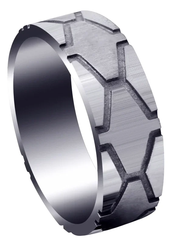 Fancy Carved Contemporary Mens Wedding Band | High Polish Finish (Andrew)