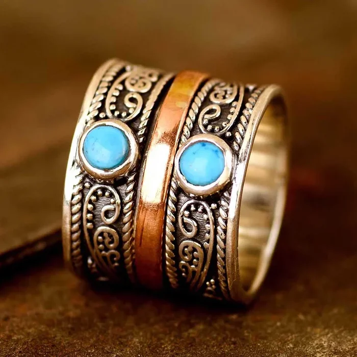 Fidget Ring mit zwei Steinen, Türkis, Sterlingsilber