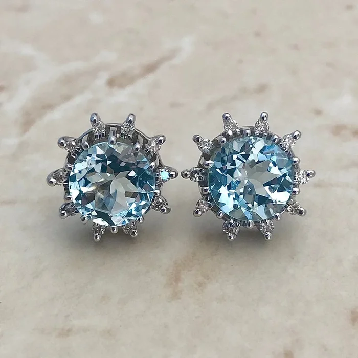 Fine 14 Karat White Gold Lady’s Aquamarine & Diamond Halo Stud Earrings