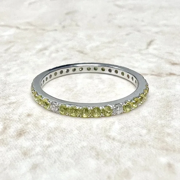 Fine 18 Karat White Gold Diamond & Yellow Sapphire Eternity Band Ring