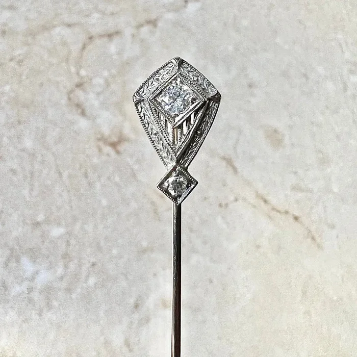 Fine Antique Art Deco Platinum & 14 Karat White Gold Diamond Stick Pin