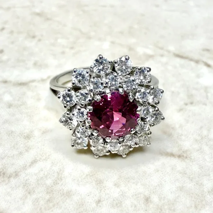 Fine Platinum Diamond & 2.05 Carats Untreated Thai Ruby Halo Ring