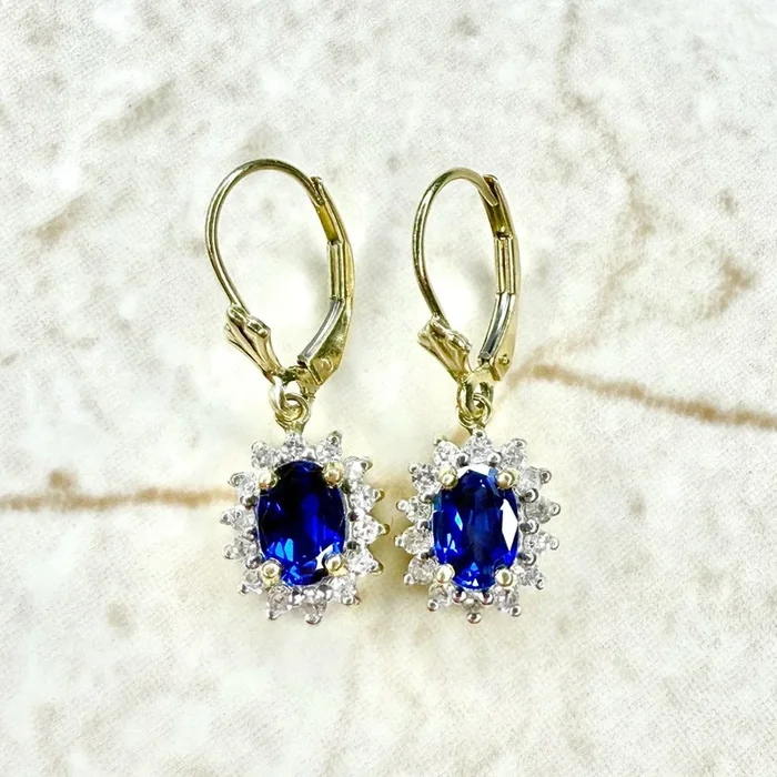 Fine Vintage 14 Karat Yellow Gold Blue Sapphire Halo Dangle Earrings
