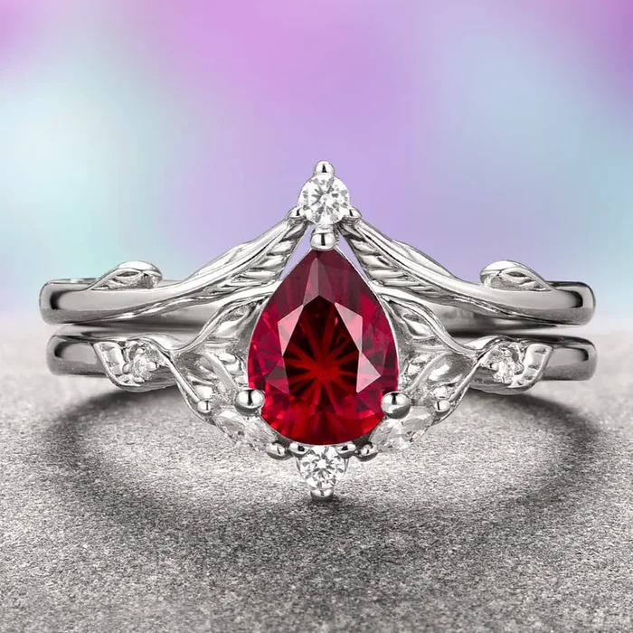 Fireworks Cut Lab-Grown Ruby Engagement Ring Set in 14K White Gold (Two Piece)