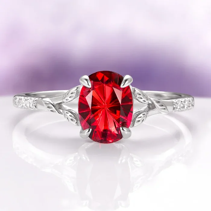 Fireworks Cut Natural Red Garnet Leaf Engagement Ring in 14K White Gold