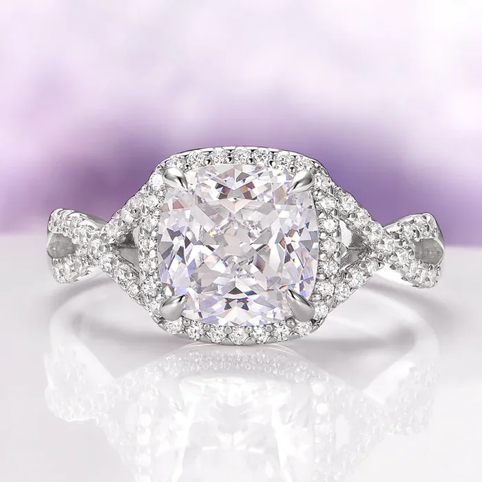 Flair Cushion Cut Simulated Diamond Engagement Ring in Sterling Silver