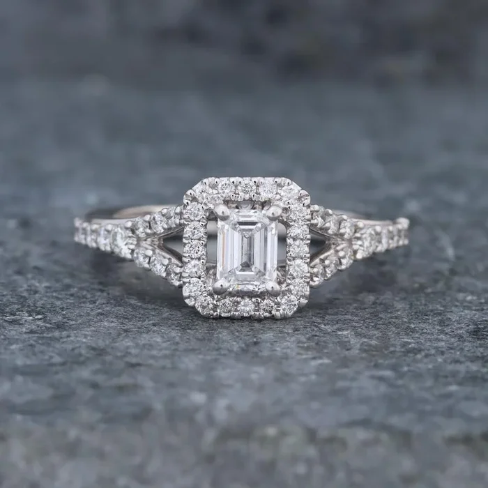 Floating Halo Emerald Diamond Engagement Ring (1 cttw) in 14k White Gold