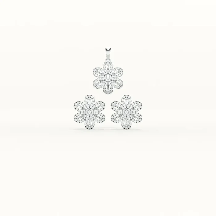 Floral CZ 925 Sterling Silver Pendant and Earring Set