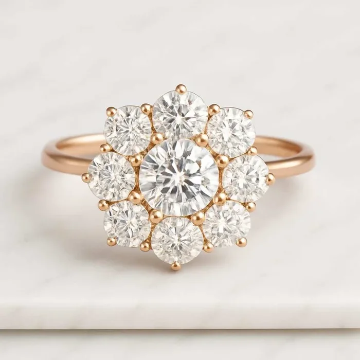 Floral Shape Round Cut Diamond Halo Engagement Ring