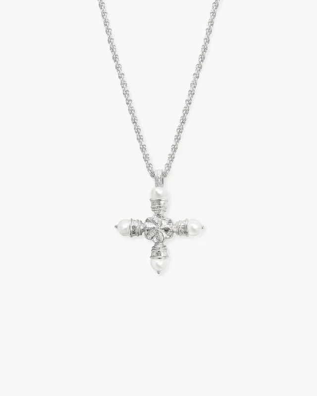 Florence Pearl Cross Necklace in Silver