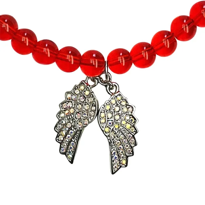Fly Home Angel Wing Beaded Necklace (Silvertone/Red)