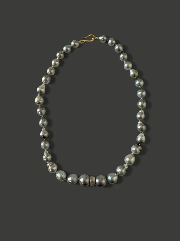 FN38 Cascading Light Grey Tahitian Pearl and Diamond Necklace