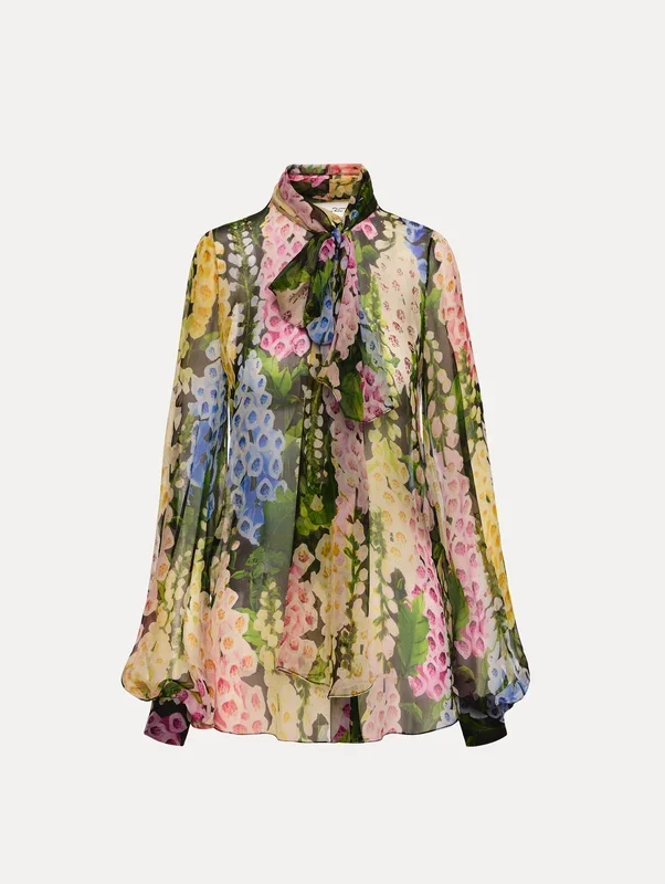 Foxglove Tie-Neck Chiffon Blouse