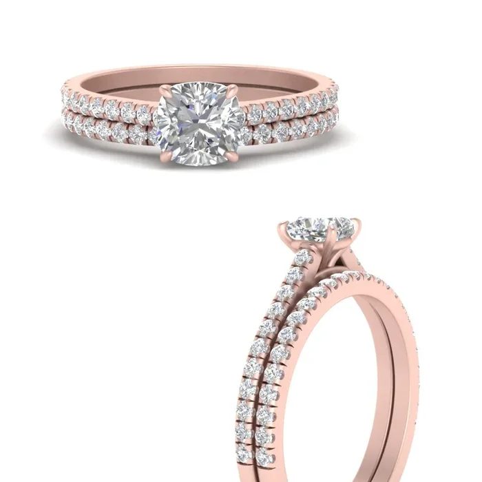 French Pave Cushion Diamond Wedding Ring Set