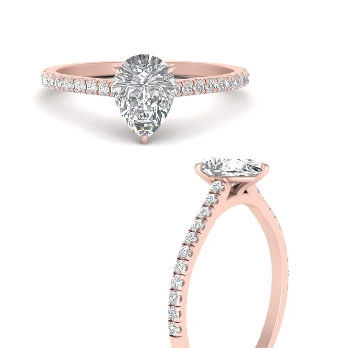 French Pave Pear Diamond Cathedral Engagement Ring