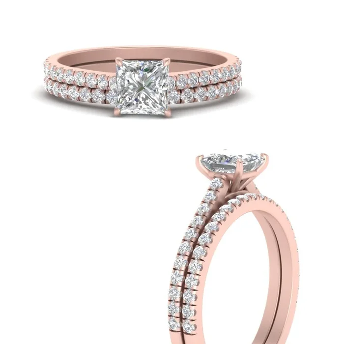 French Pave Princess Cut Wedding Ring Set