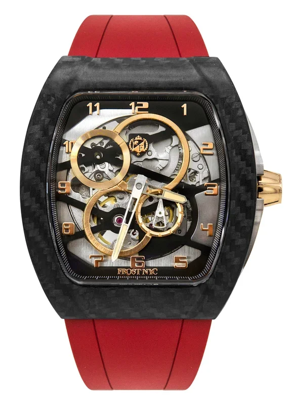 Frost NYC Mens Watch – Automatic Skeleton Carbon Fiber Sport Gold Watch | FRST-01-CFY| Red