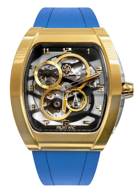 Frost NYC Mens Watch – Automatic Skeleton Sport Gold Watch | FRST-01-CY| Blue