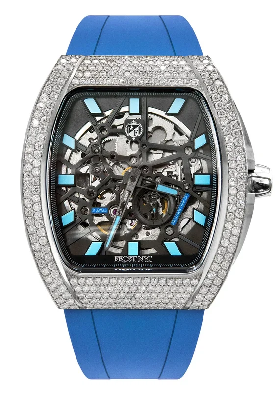Frost NYC Mens Watch – Automatic Skeleton Stainless Steel Diamond Sport Watch | FRST-01-SS-D | Blue