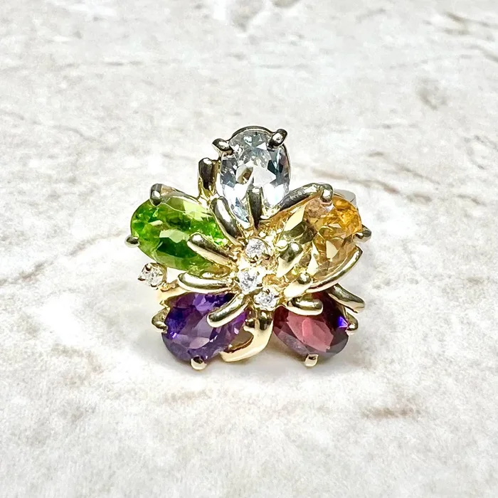 复古14K黄金多宝石花朵戒指