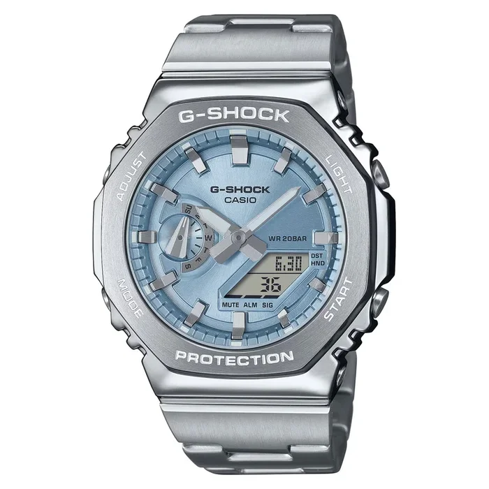 G-Shock 2100 Series Mens Watch with Sky Blue Dial and Stainless Steel Bracelet (solar movement)