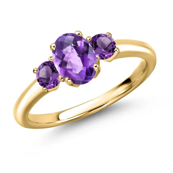 Gemstone Birthstone 3-Stone Engagement Ring for Women in 18K Yellow Gold Plated Silver | Oval 7X5MM and Round 3MM | Wedding Anniversary Promise Ring | Sizes 5, 6, 7, 8, 9