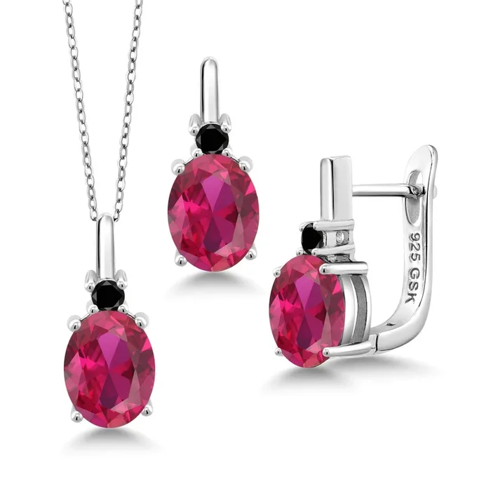 Gemstone Birthstone and Black Diamond Pendant and Earrings Jewelry Set for Women in 925 Sterling Silver | Oval 8X6MM and Round 2.5MM | Fine Jewelry Set for Her Mom Women Wife | With 18 Inch Chain