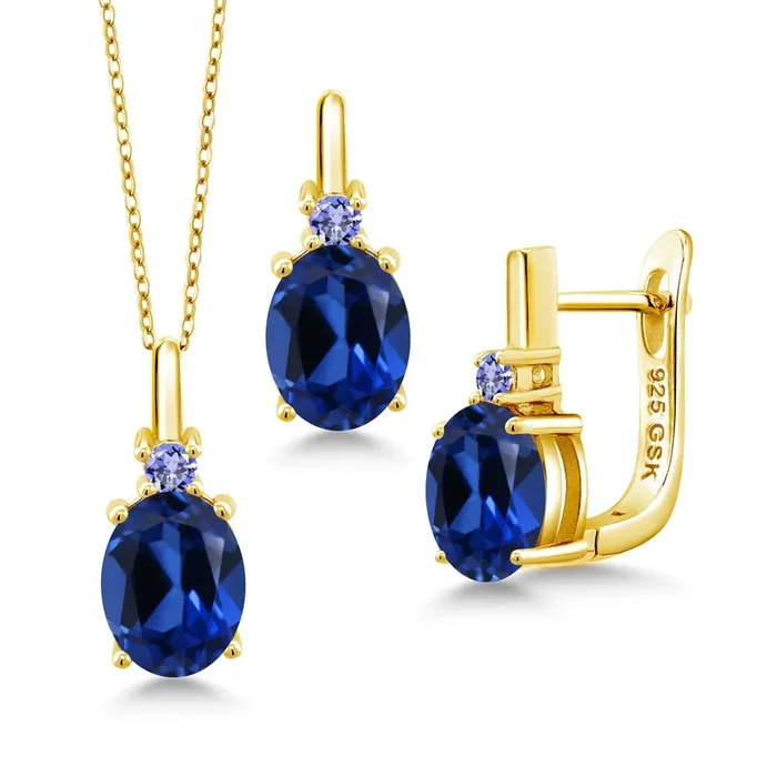 Gemstone Birthstone and Blue Tanzanite Pendant and Earrings Jewelry Set for Women in 18K Yellow Gold Plated Silver | Oval 8X6MM and Round 2.5MM | With 18 Inch Chain