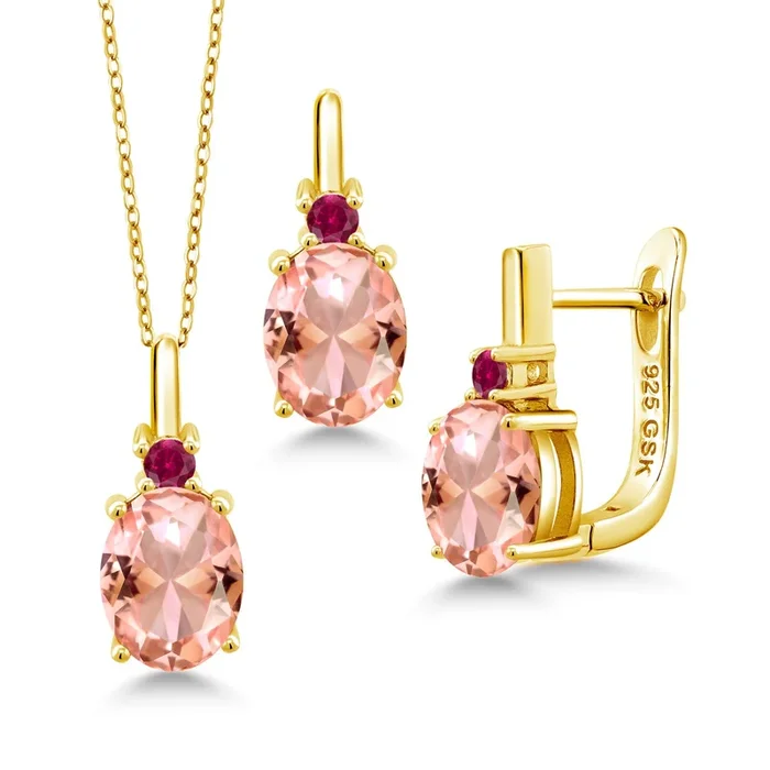 Gemstone Birthstone and Created Ruby Pendant and Earrings Jewelry Set for Women in 18K Yellow Gold Plated Silver | Oval 8X6MM and Round 2.5MM | With 18 Inch Chain