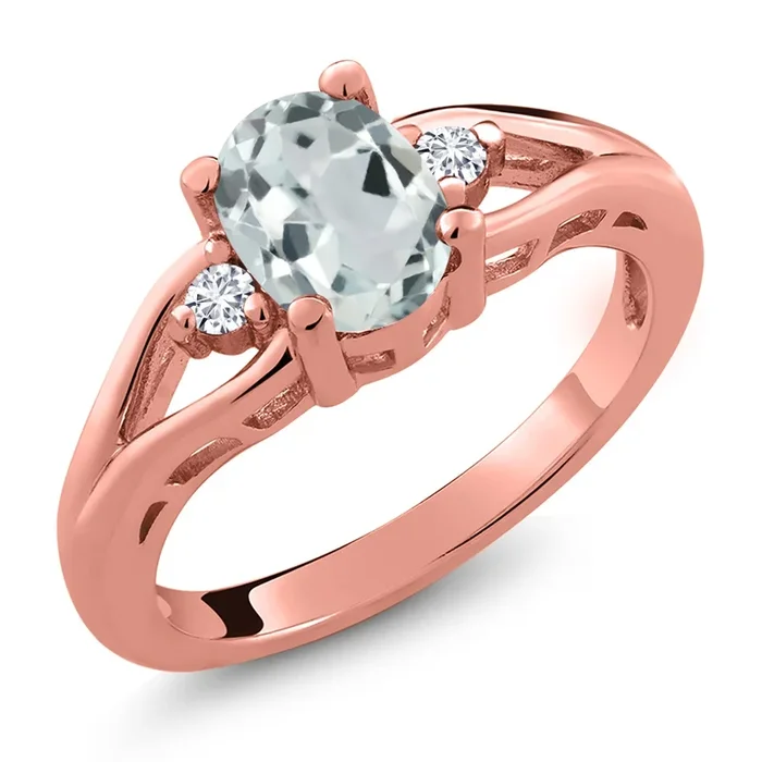 Gemstone Birthstone and Lab Grown Diamond 3-Stone Engagement Ring for Women | 18K Rose Gold Plated Silver | Oval 8X6MM and Round 2MM | Elegant Three-Stone Wedding Anniversary Promise Ring | Sizes 5-9