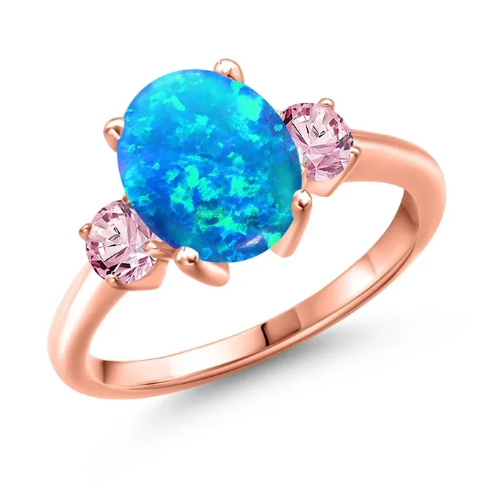 Gemstone Birthstone and Pink Lab Grown Diamond 3-Stone Engagement Ring For Women | 18K Rose Gold Plated Silver | Oval 10X8MM and Round 4MM | Wedding Anniversary Promise Ring | Sizes 5, 6, 7, 8, 9