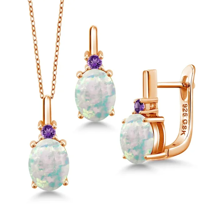 Gemstone Birthstone and Purple Amethyst Pendant and Earrings Jewelry Set for Women in 18K Rose Gold Plated Silver | Oval 8X6MM and Round 2.5MM | With 18 Inch Chain