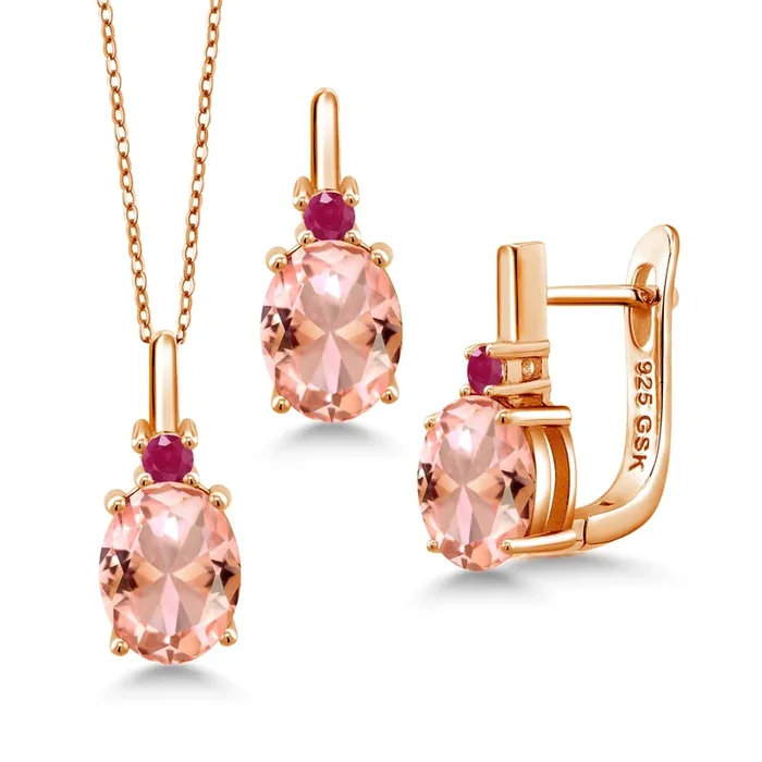 Gemstone Birthstone and Ruby Pendant and Earrings Jewelry Set for Women in 18K Rose Gold Plated Silver | Oval 8X6MM and Round 2.5MM | With 18 Inch Chain