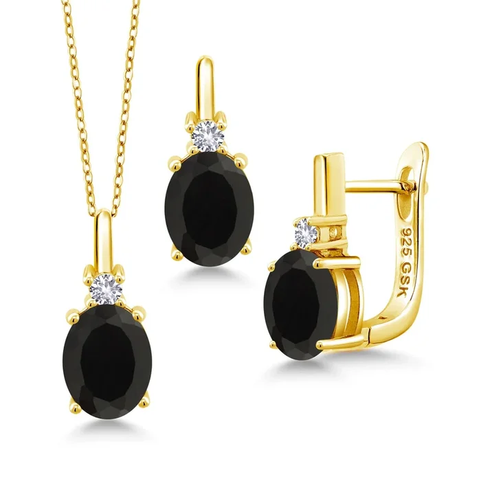 Gemstone Birthstone and White Created Sapphire Pendant and Earrings Jewelry Set for Women in 18K Yellow Gold Plated Silver | Oval 8X6MM and Round 2.5MM | With 18 Inch Chain