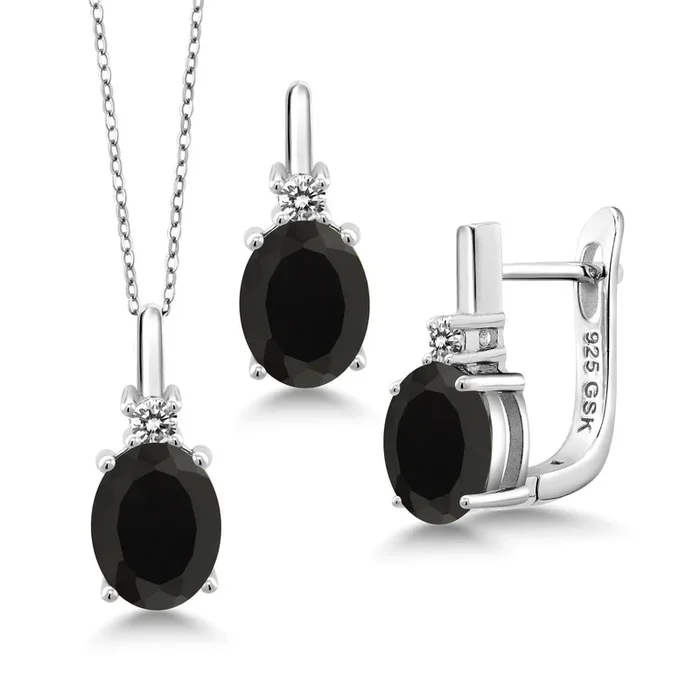 Gemstone Birthstone and White Diamond Pendant and Earrings Jewelry Set for Women in 925 Sterling Silver | Oval 8X6MM and Round 2.5MM | Fine Jewelry Set for Her Mom Women Wife | With 18 Inch Chain