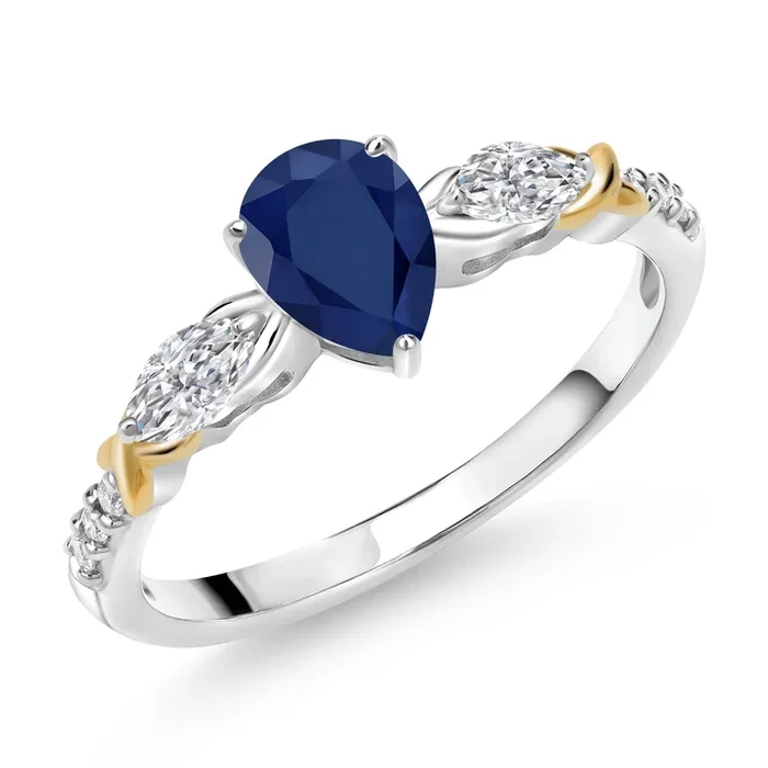 Gemstone Birthstone and White Lab Grown Diamond Two-Tone Engagement Ring for Women | 925 Silver 10K Yellow Gold | Pear 7X5MM, Marquise 5X2.5MM, Round 1.2MM | 3-Stone Wedding Anniversary Promise Ring