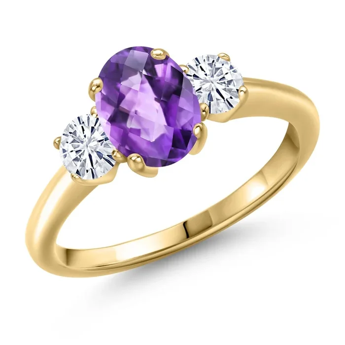 Gemstone Birthstone and White Moissanite 3-Stone Engagement Ring for Women | 18K Yellow Gold Plated Silver | Oval 8X6MM and Round 4MM | Three Stone Wedding Anniversary Promise Ring