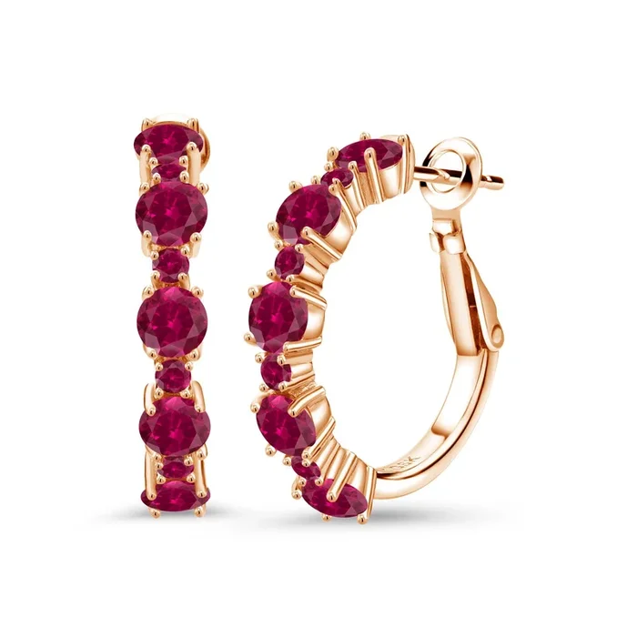 Gemstone Birthstone Hoop Earrings for Women in 18K Rose Gold Plated Silver| Alternating Round 4MM and 1.9MM Stones | Elegant Graduated Design | Fine Jewelry Earrings | 1 Inch Diameter Hoops
