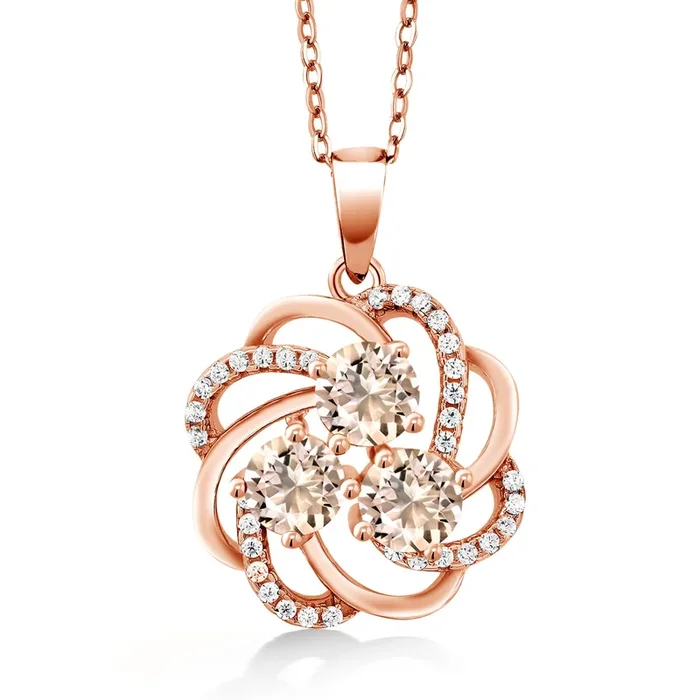 Gemstone Birthstone Pendant Necklace for Women in 18K Rose Gold Plated Silver | Triple Round 5MM Gemstones with 1MM Accents | Floral Swirl Halo Design | Fine Jewelry for Her Mom Wife | 18 Inch Chain