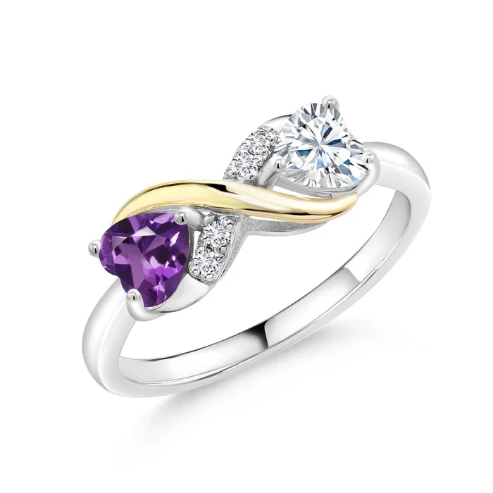 Gemstone Birthstone White Moissanite and Lab Grown Diamond Accents Eternal Love Infinity Ring For Women | 925 Silver 10K Yellow Gold | Heart 5MM | Two-Tone Wedding Anniversary Promise Ring