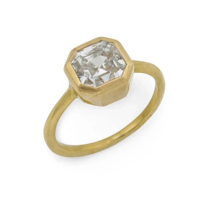 GIA 2.03 carat square emerald cut diamond 18k yellow gold bezel engagement ring
